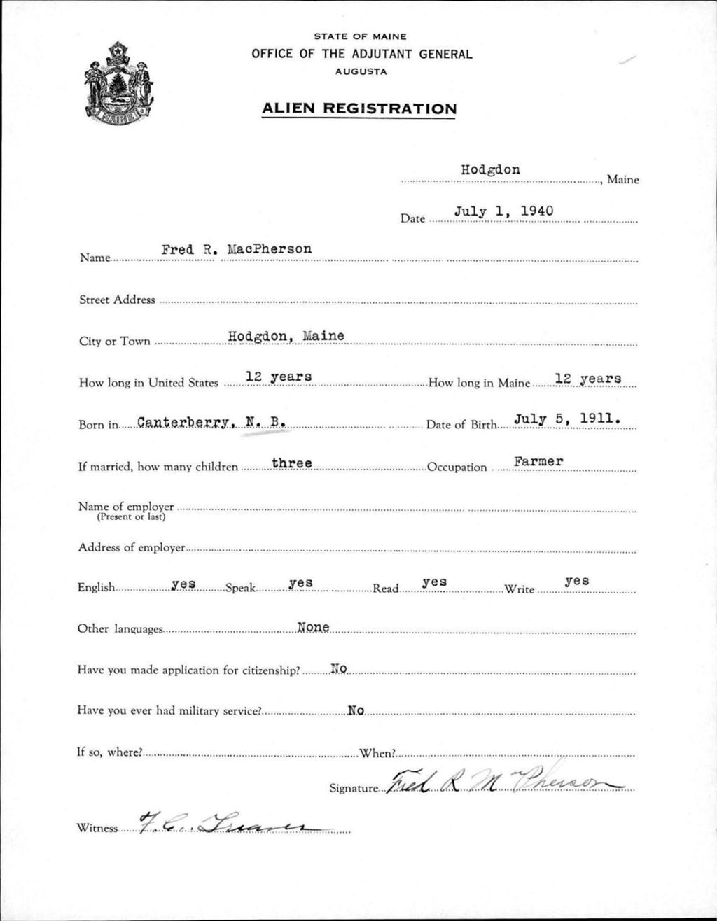 Miniature of Alien Registration- Macpherson, Fred R. (Fort Fairfield, Aroostook County)
