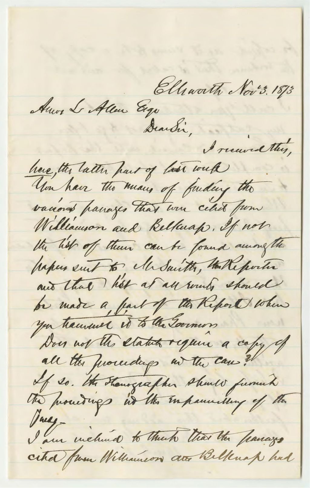 Miniature of Ellsworth letter from William Barrows to Amos L. Allen