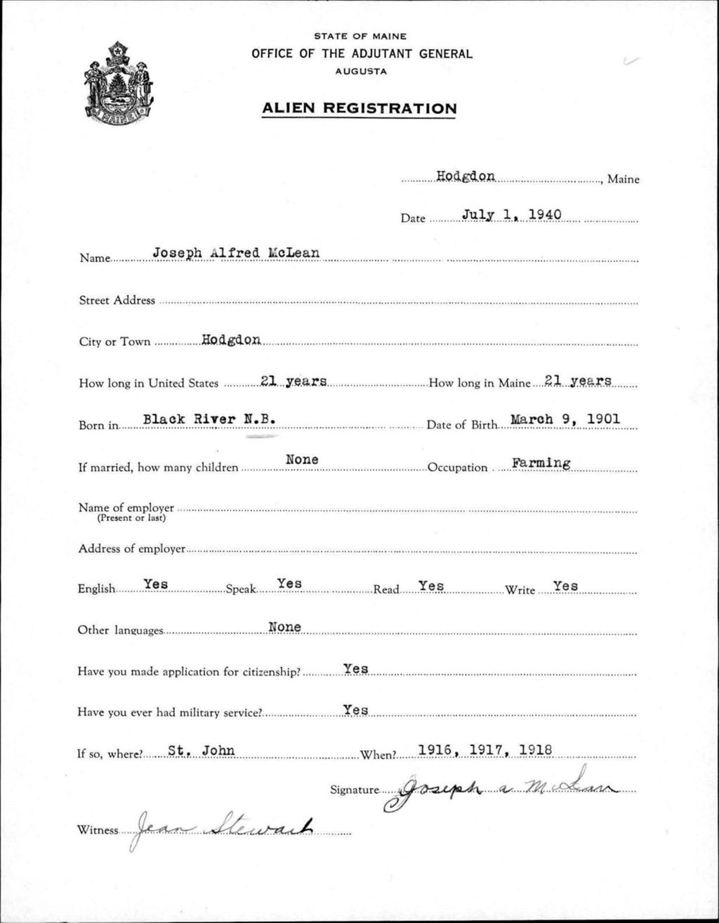 Miniature of Alien Registration- Mclean, Joseph A. (Fort Fairfield, Aroostook County)