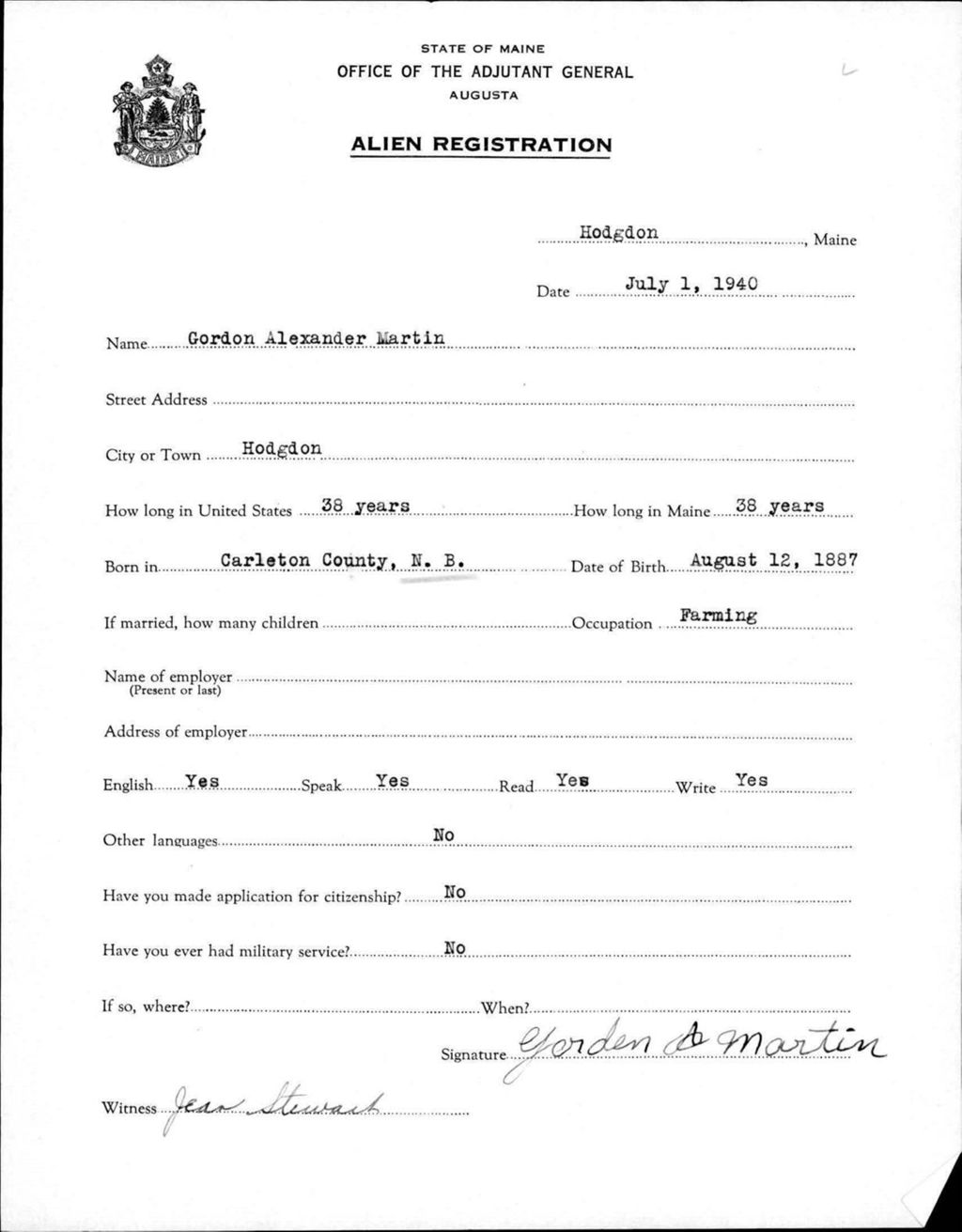 Miniature of Alien Registration- Martin, Gordon A. (Fort Fairfield, Aroostook County)