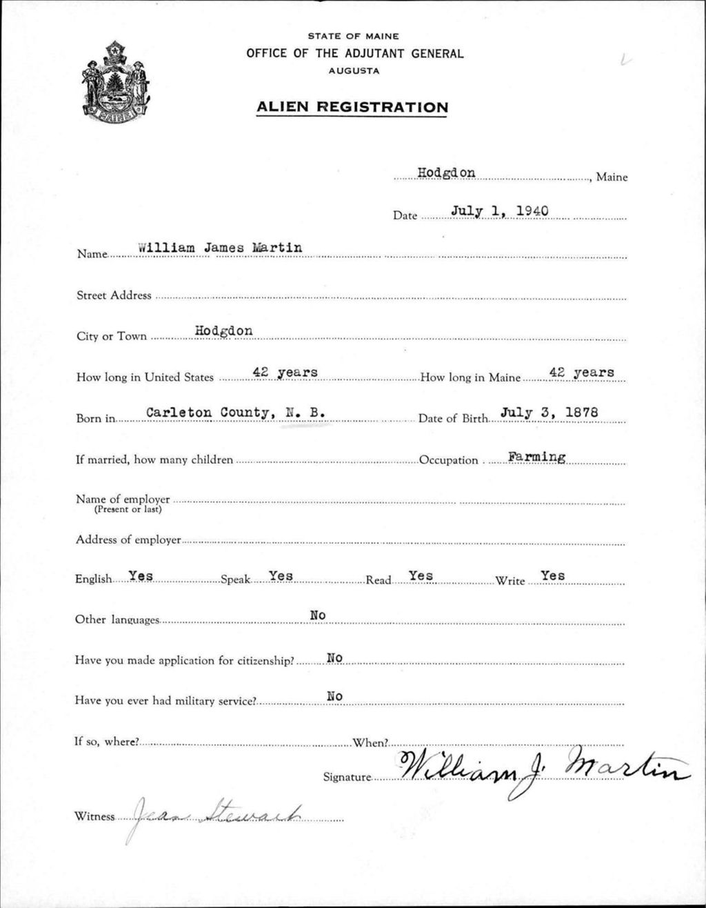 Miniature of Alien Registration- Martin, William J. (Fort Fairfield, Aroostook County)