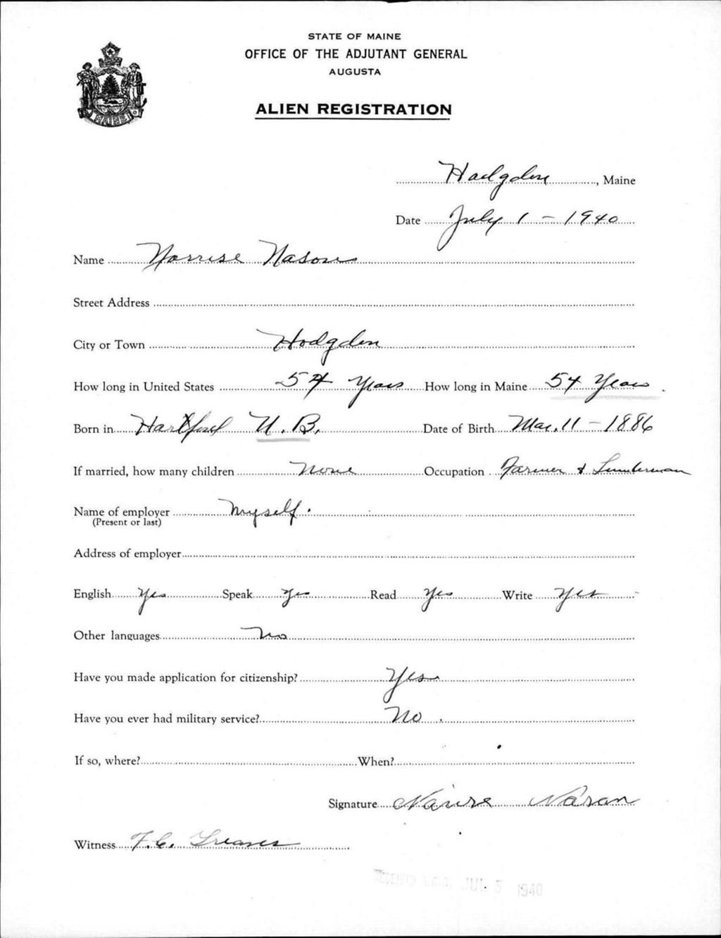Miniature of Alien Registration- Nason, Narrise (Fort Fairfield, Aroostook County)
