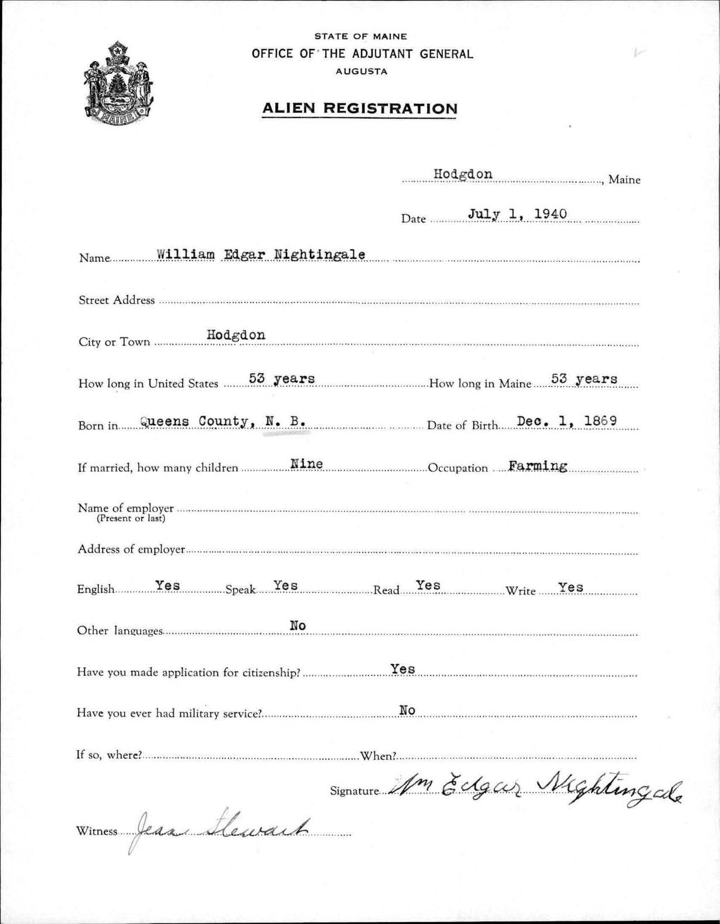 Miniature of Alien Registration- Nightingale, William E. (Hodgdon, Aroostook County)
