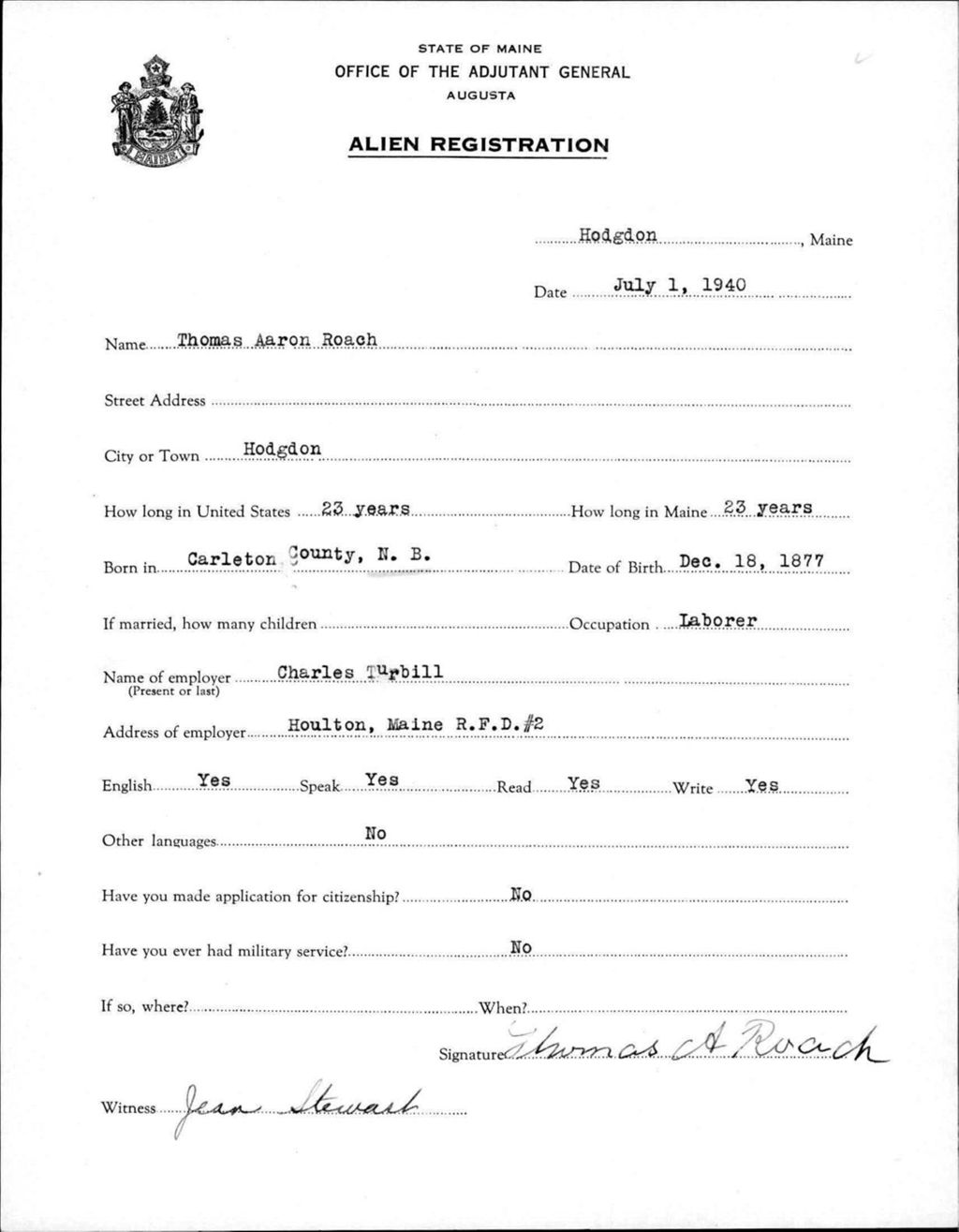 Miniature of Alien Registration- Roach, Thomas A. (Hodgdon, Aroostook County)