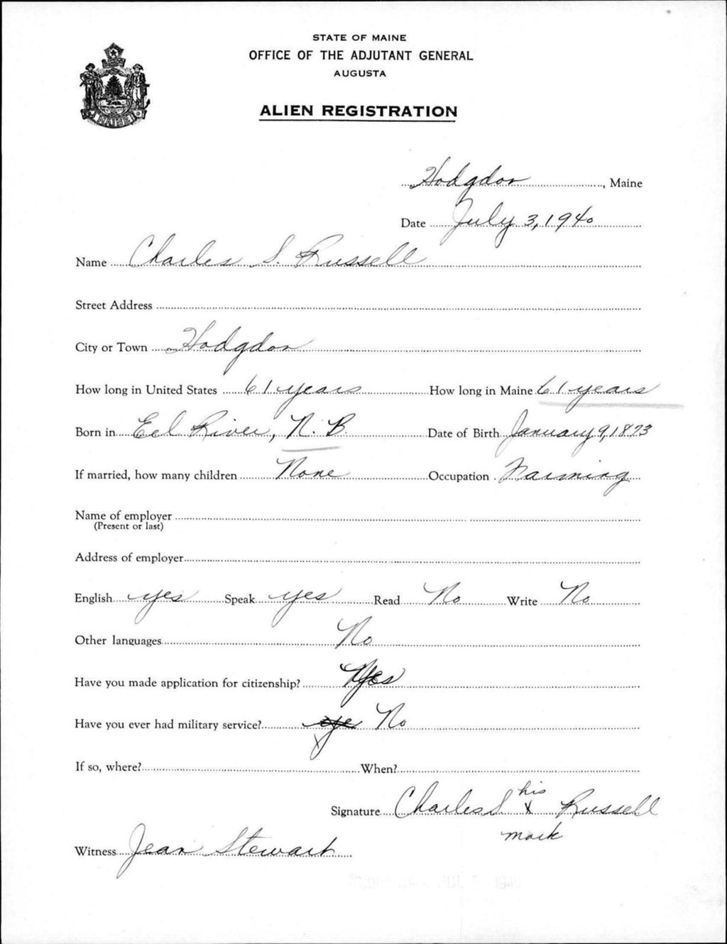 Miniature of Alien Registration- Russell, Charles S. (Fort Fairfield, Aroostook County)