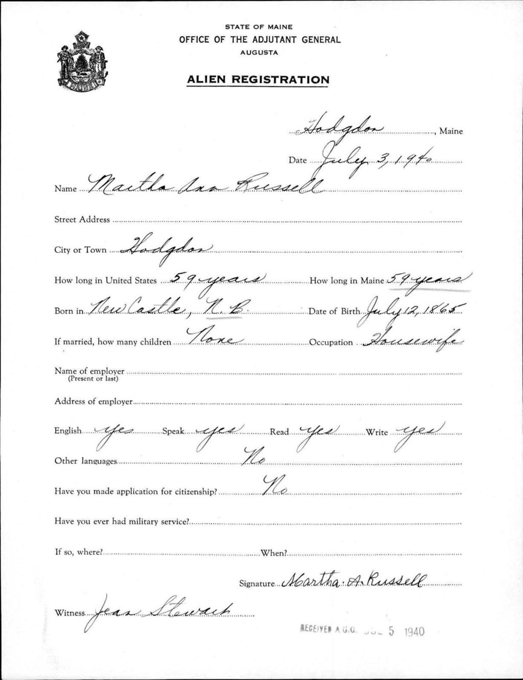 Miniature of Alien Registration- Russell, Martha A. (Fort Fairfield, Aroostook County)