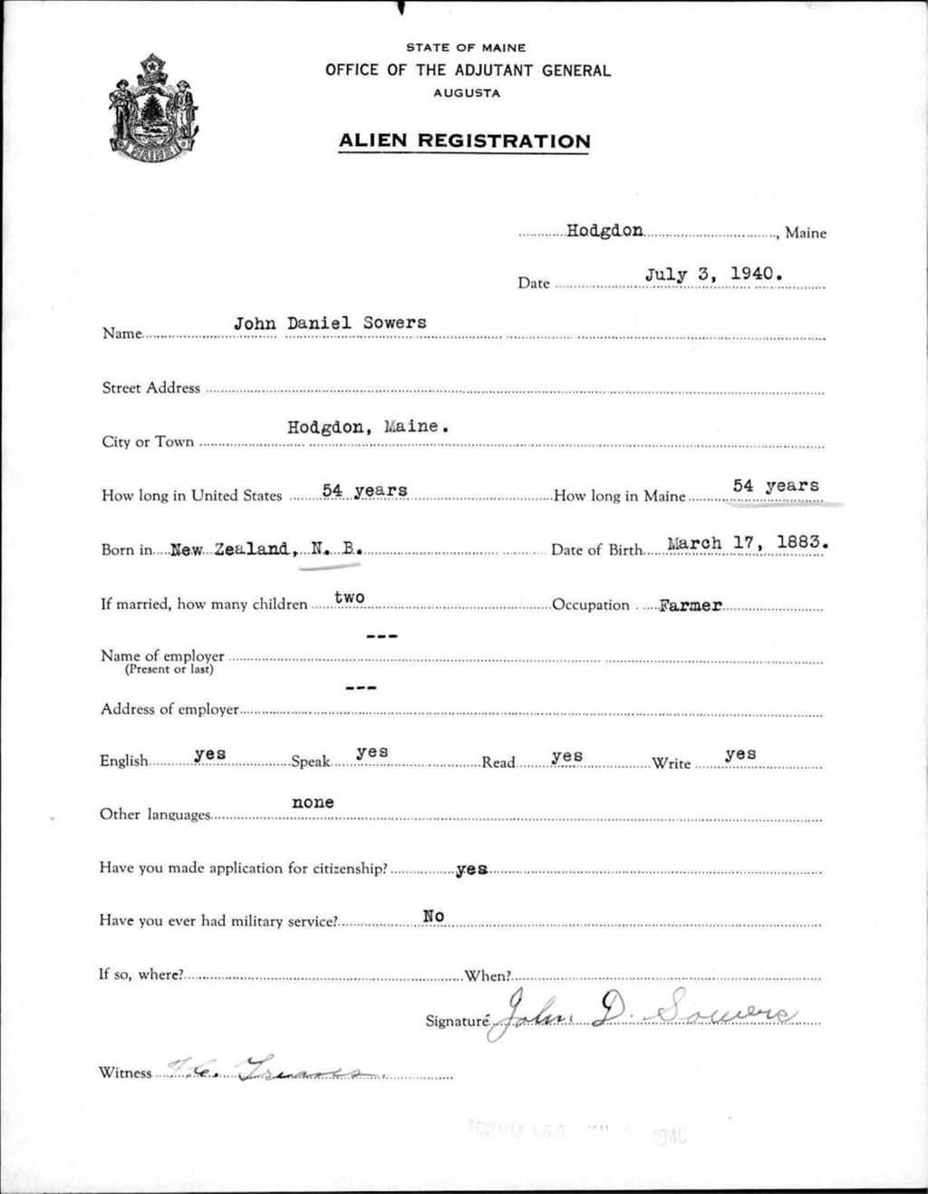 Miniature of Alien Registration- Sowers, John D. (Fort Fairfield, Aroostook County)