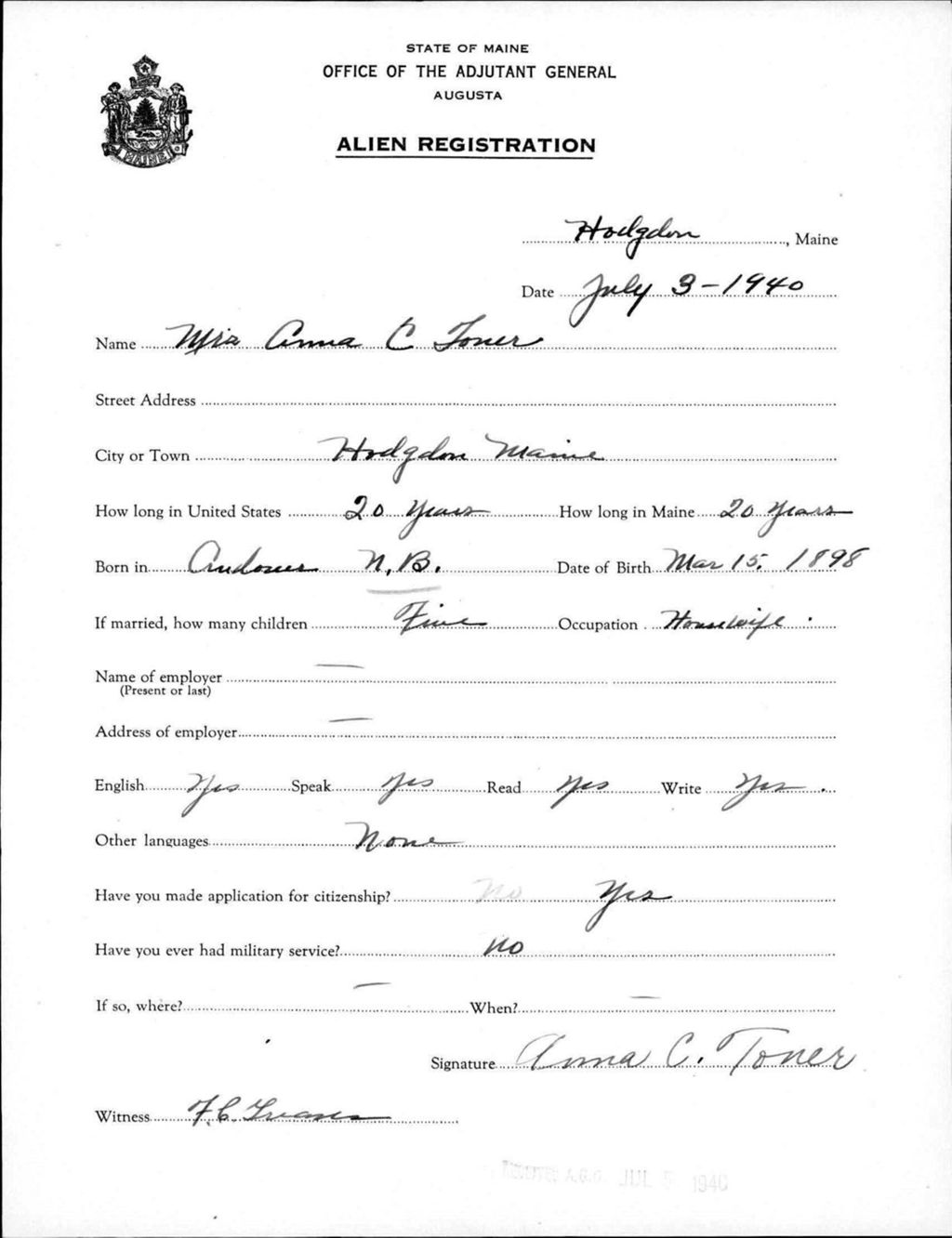 Miniature of Alien Registration- Toner, Anna C. (Fort Fairfield, Aroostook County)