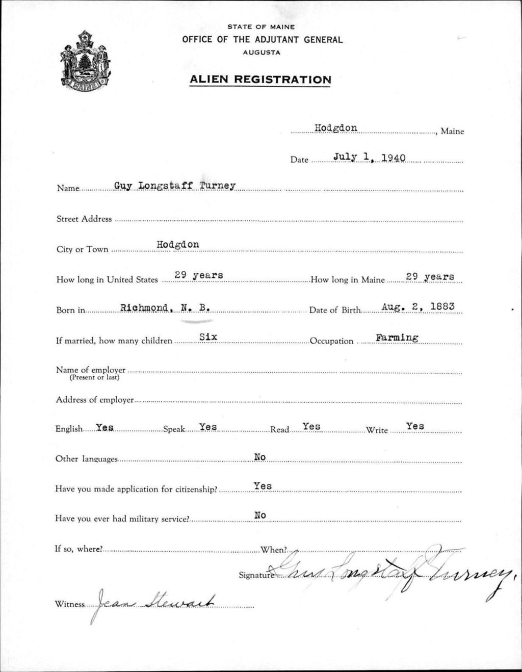 Miniature of Alien Registration- Turney, Guy L. (Fort Fairfield, Aroostook County)