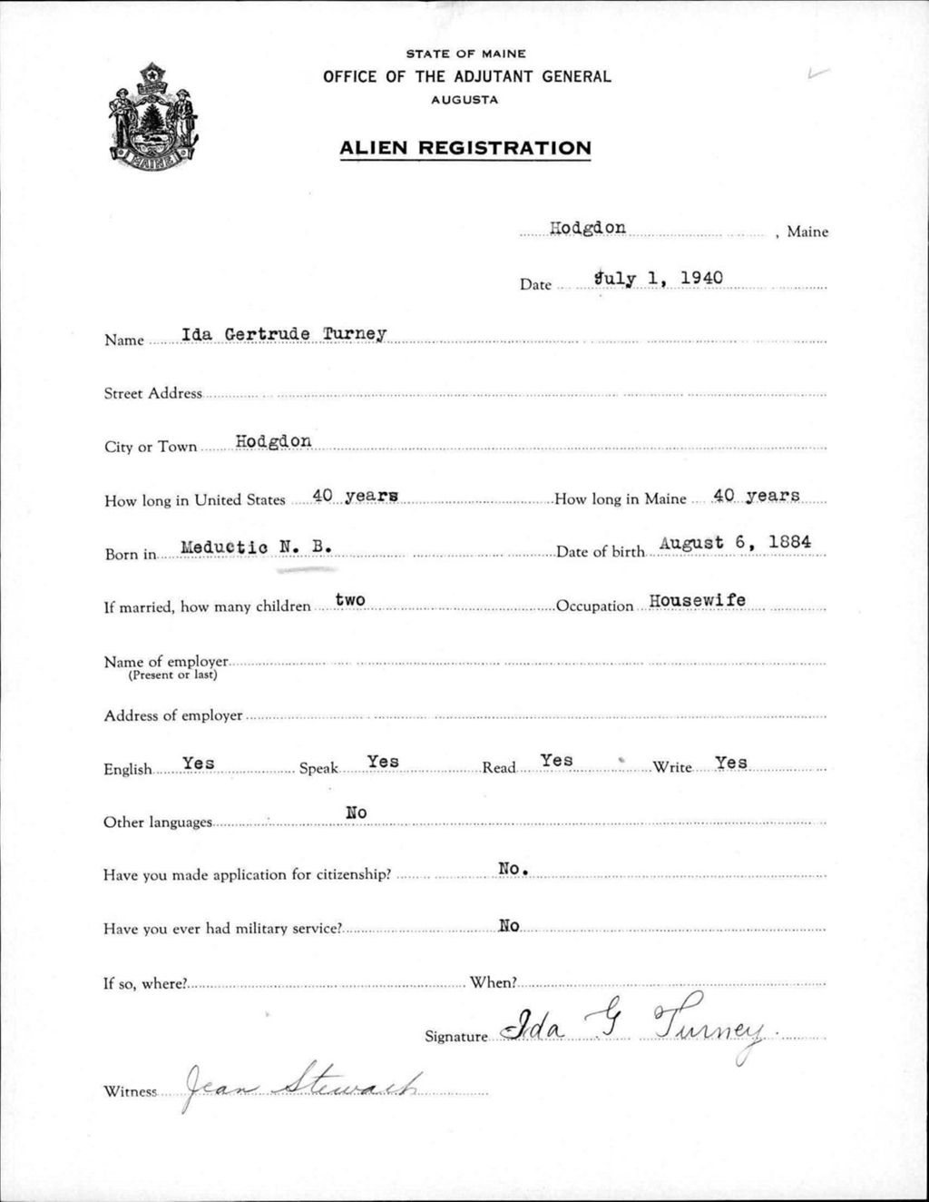 Miniature of Alien Registration- Turney, Ida G. (Fort Fairfield, Aroostook County)