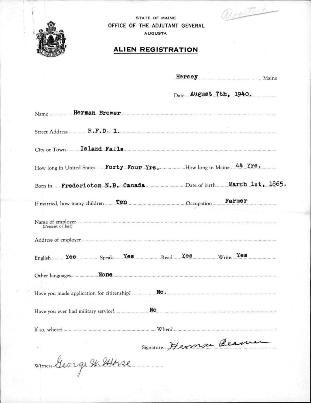 Miniature of Alien Registration- Brewer, Herman (Hersey, Aroostook County)