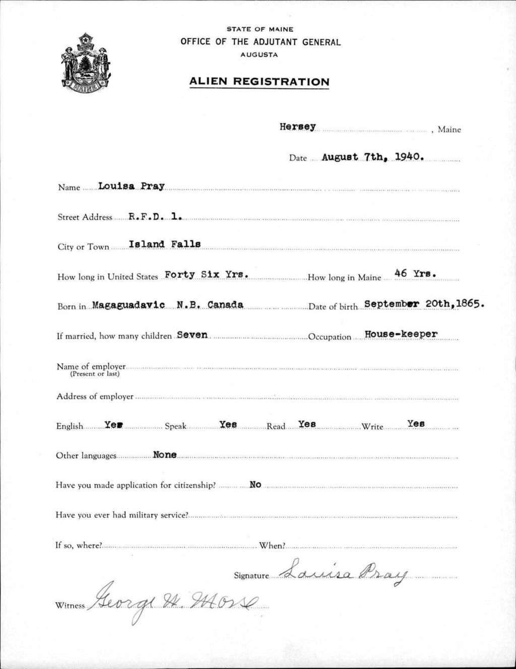 Miniature of Alien Registration- Pray, Louisa (Fort Fairfield, Aroostook County)