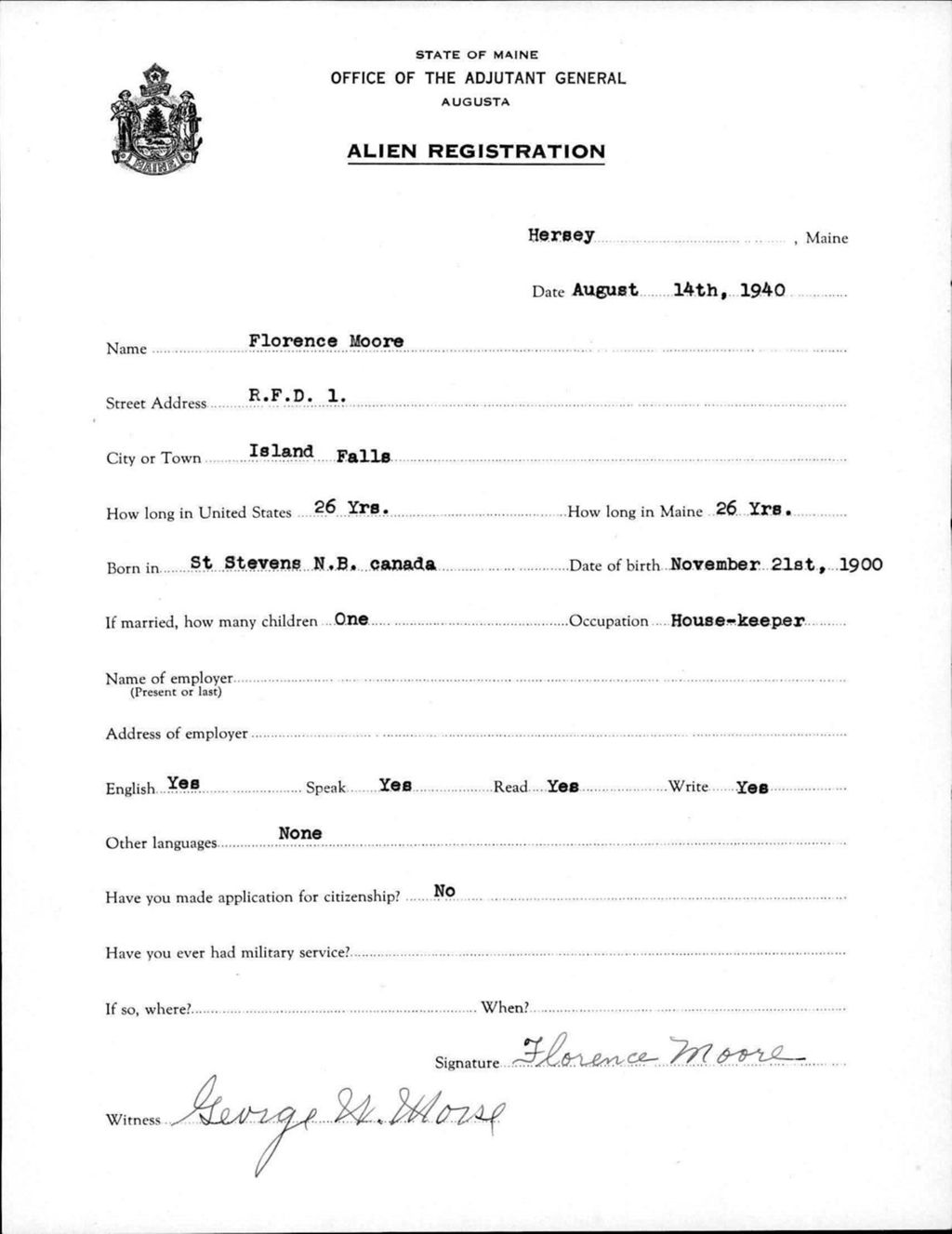 Miniature of Alien Registration- Moore, Florence (Fort Fairfield, Aroostook County)