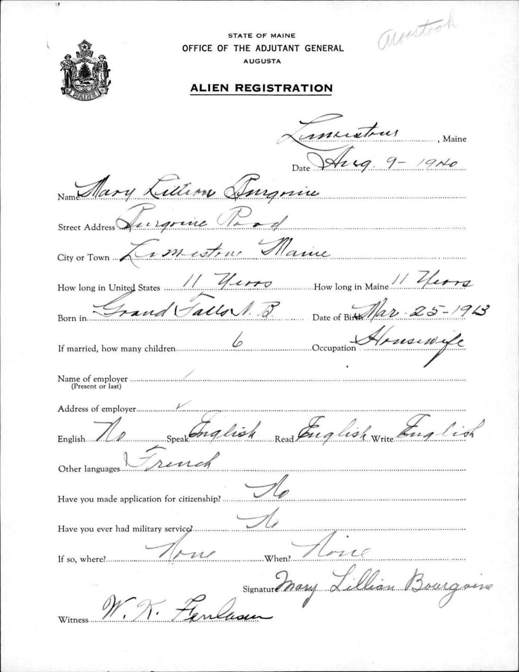Miniature of Alien Registration- Bourgoine, Mary L. (Fort Fairfield, Aroostook County)
