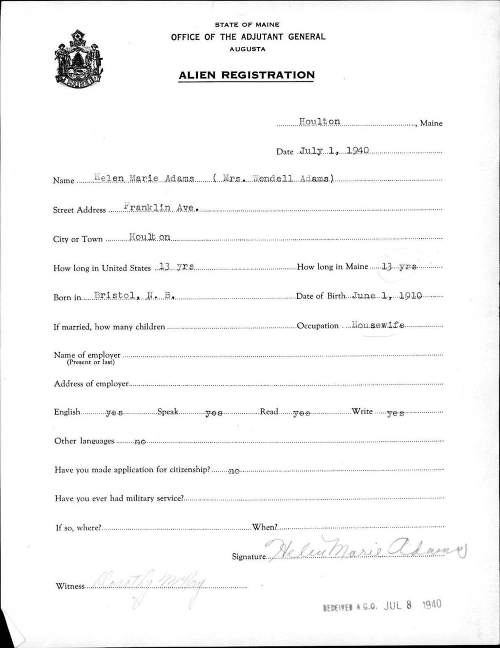 Miniature of Alien Registration- Adams, Helen M. (Houlton, Aroostook County)