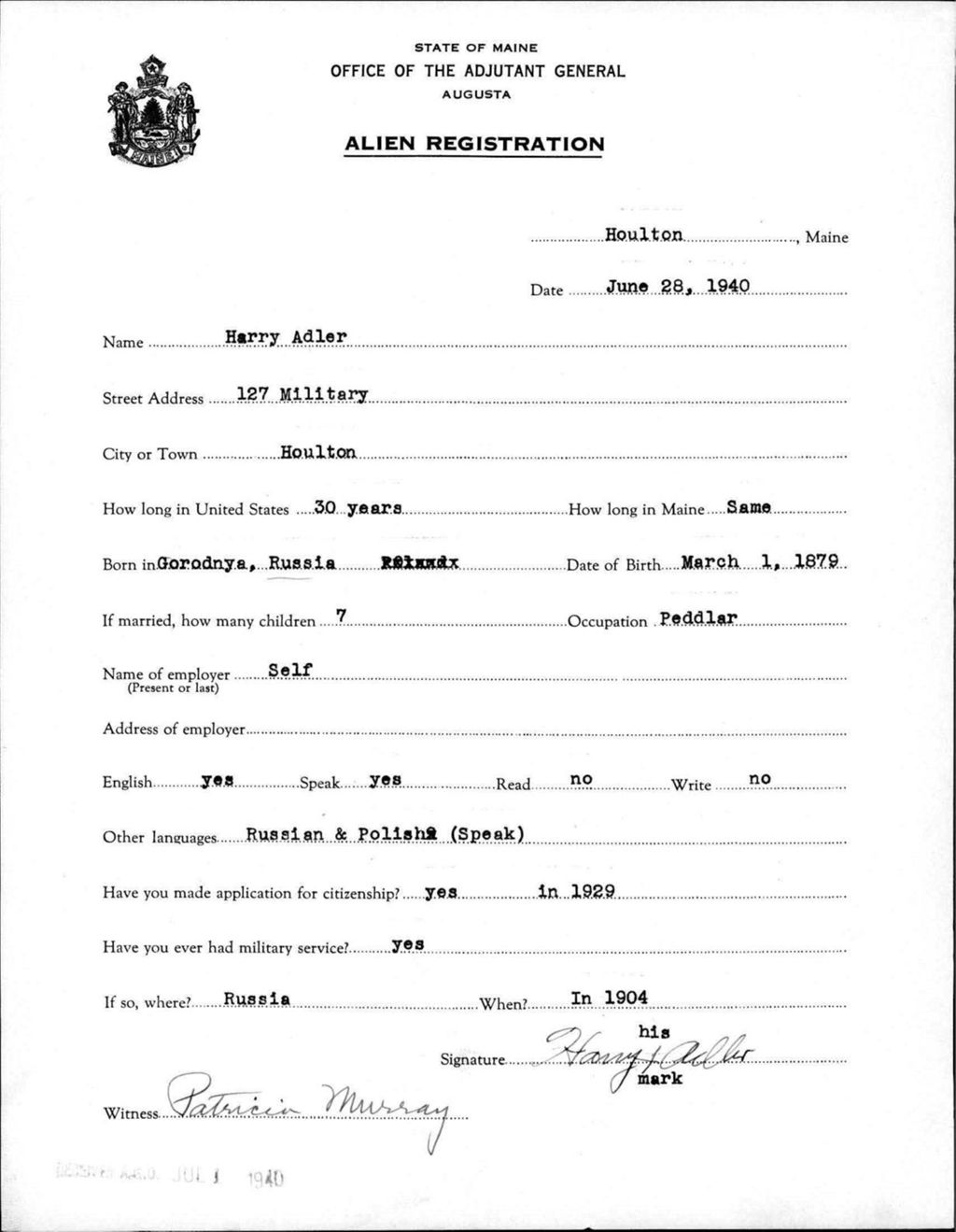 Miniature of Alien Registration- Adler, Harry (Houlton, Aroostook County)
