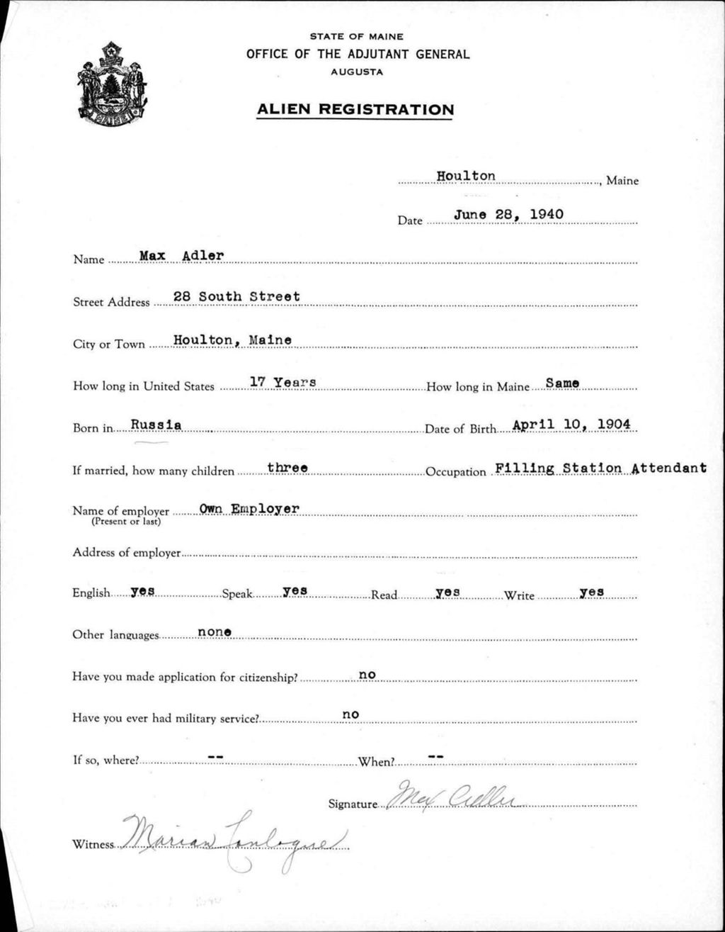 Miniature of Alien Registration- Adler, Max (Houlton, Aroostook County)