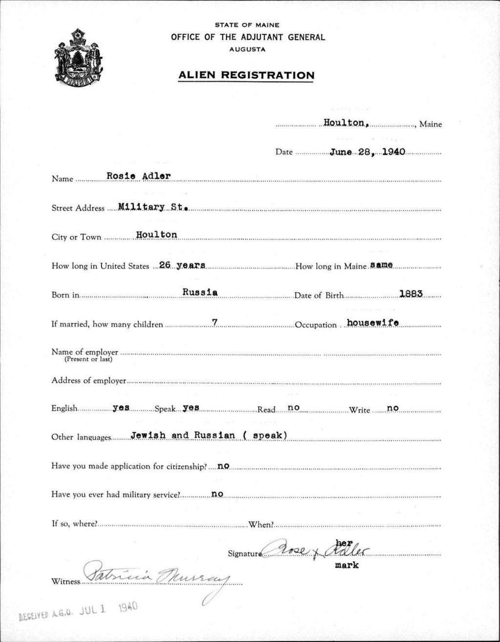 Miniature of Alien Registration- Adler, Rosie (Houlton, Aroostook County)