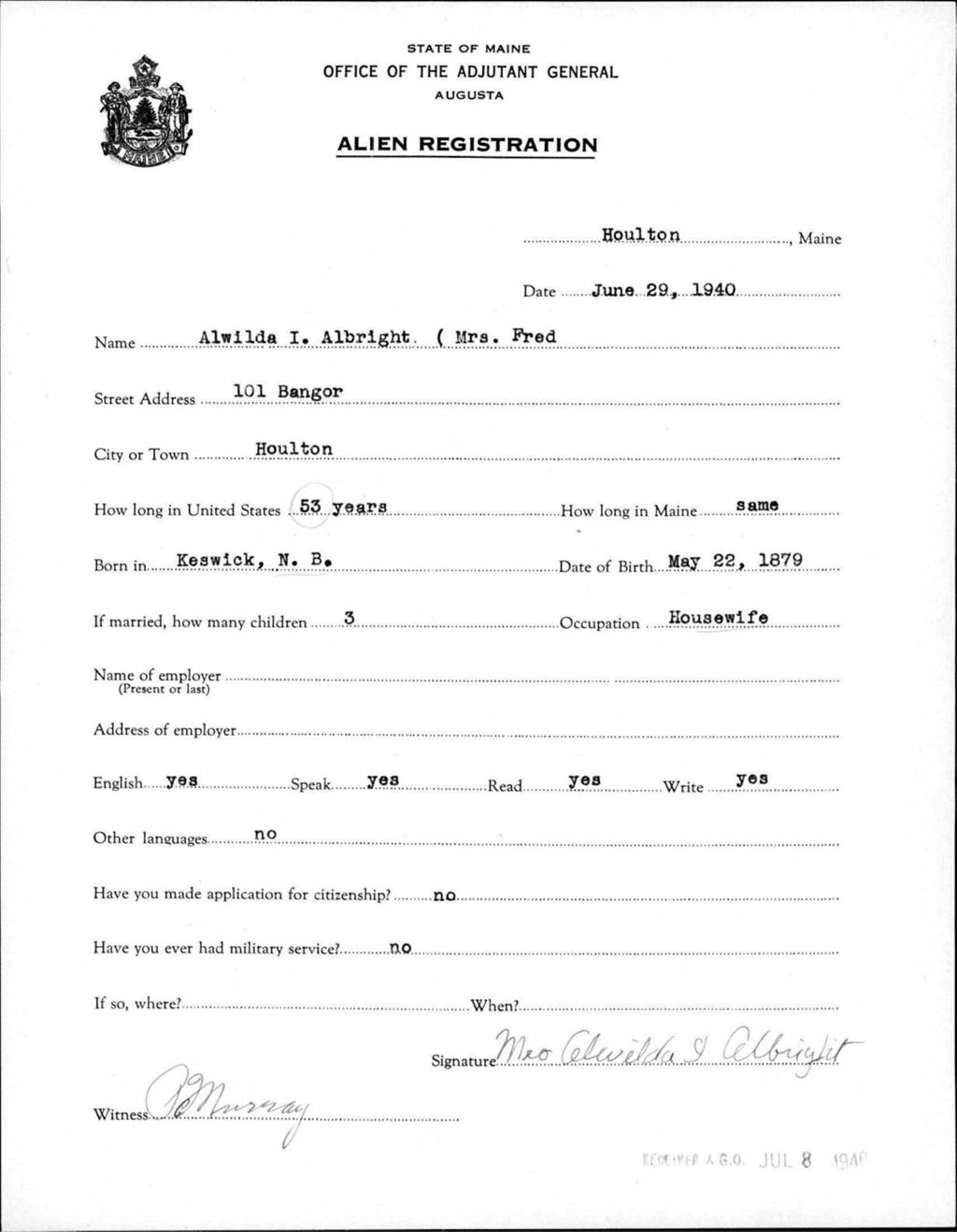 Miniature of Alien Registration- Albright, Alwilda I. (Houlton, Aroostook County)