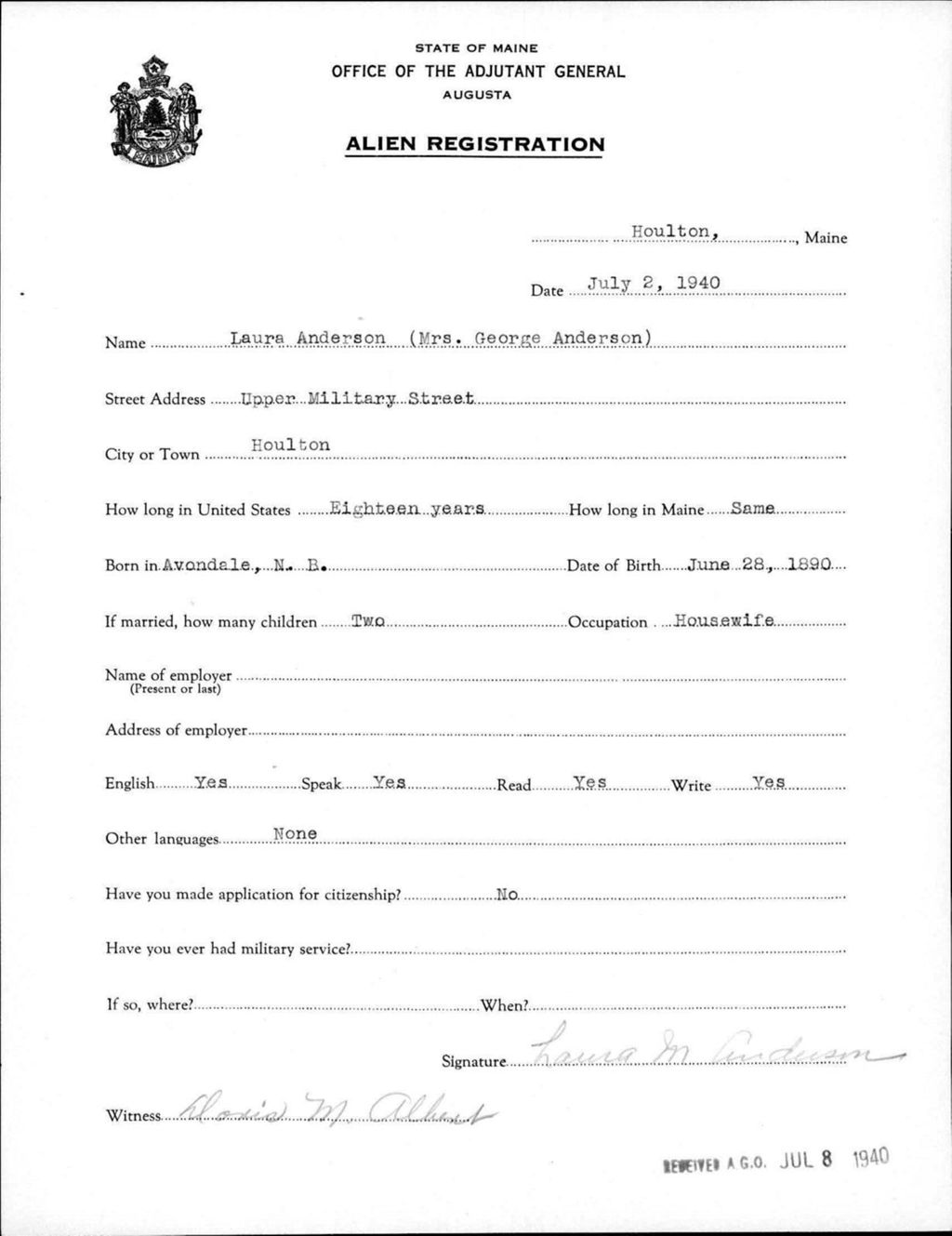 Miniature of Alien Registration- Anderson, Laura (Houlton, Aroostook County)