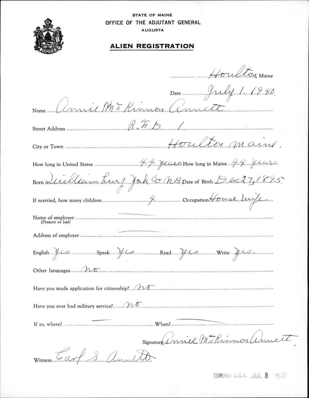 Miniature of Alien Registration- Mckinnon, Annie (Houlton, Aroostook County)
