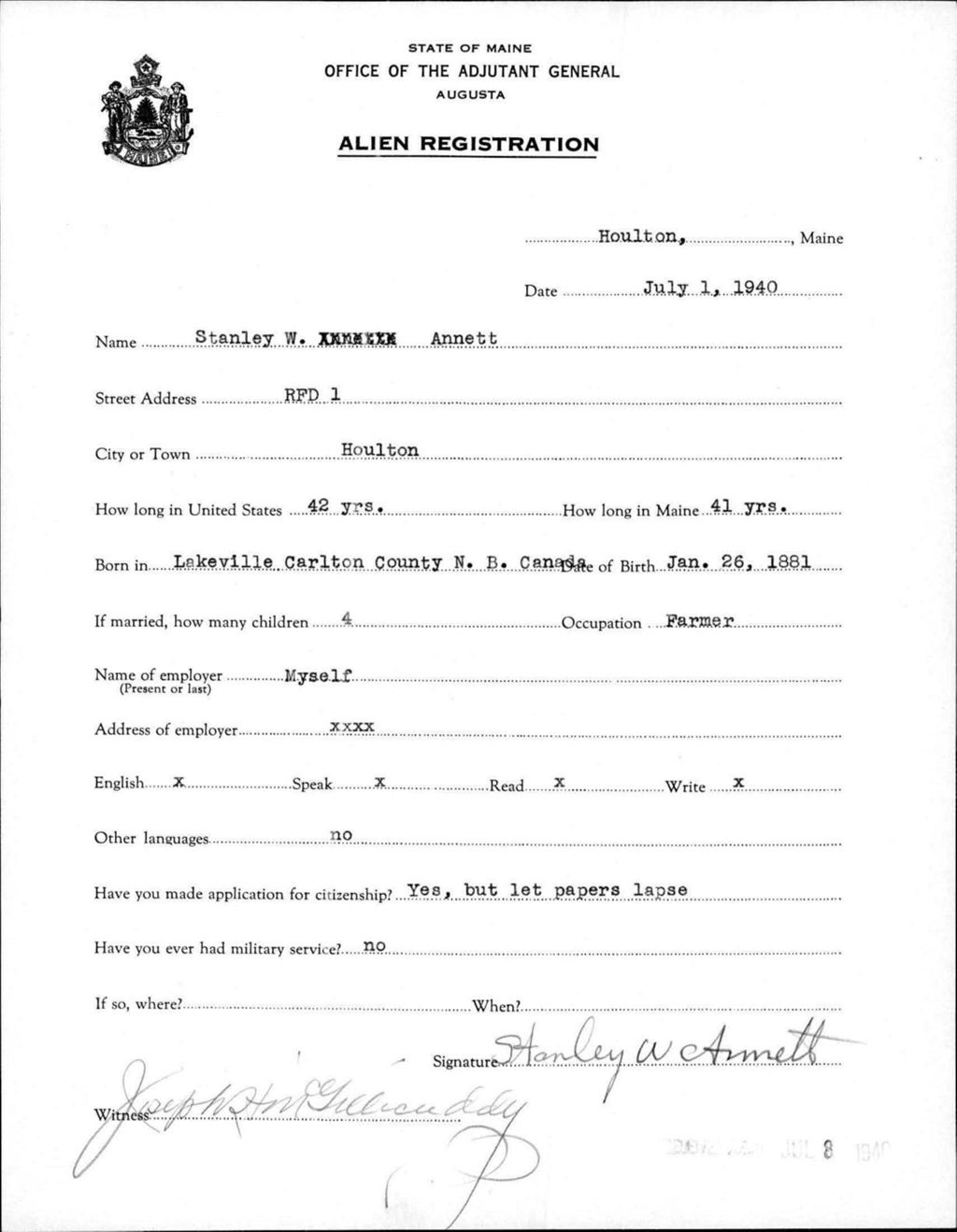 Miniature of Alien Registration- Annett, Stanley W. (Houlton, Aroostook County)