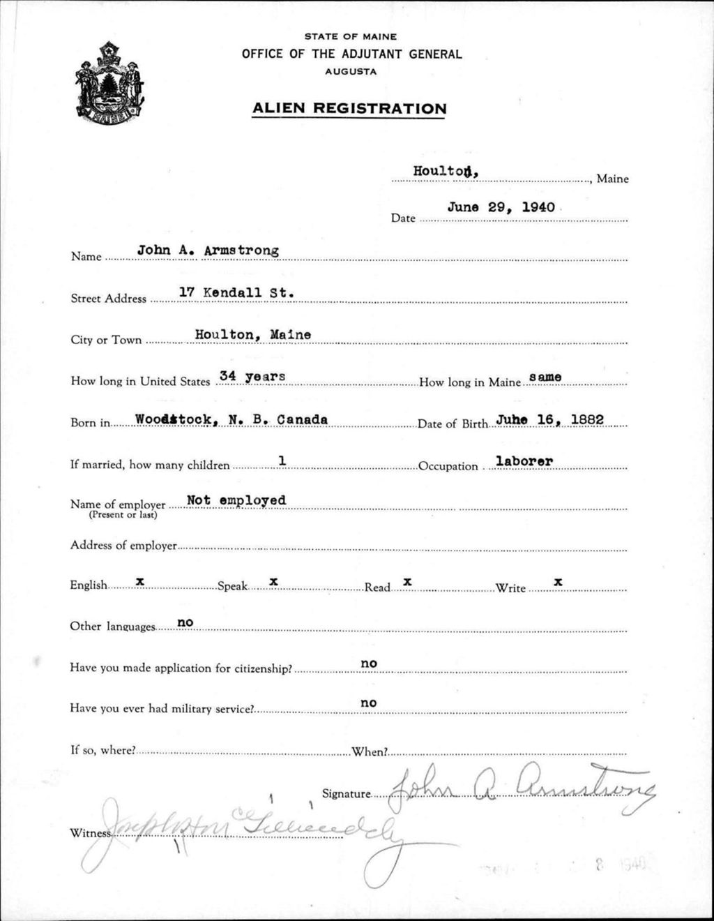 Miniature of Alien Registration- Armstrong, John A. (Houlton, Aroostook County)