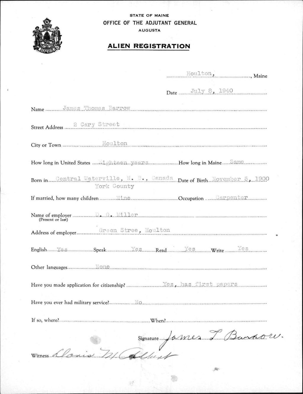 Miniature of Alien Registration- Barrow, James T. (Houlton, Aroostook County)