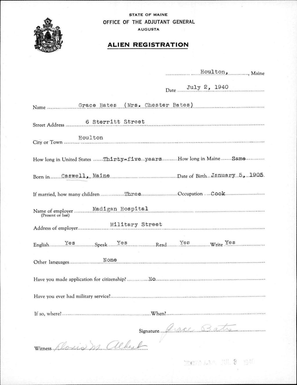 Miniature of Alien Registration- Bates, Grace (Houlton, Aroostook County)