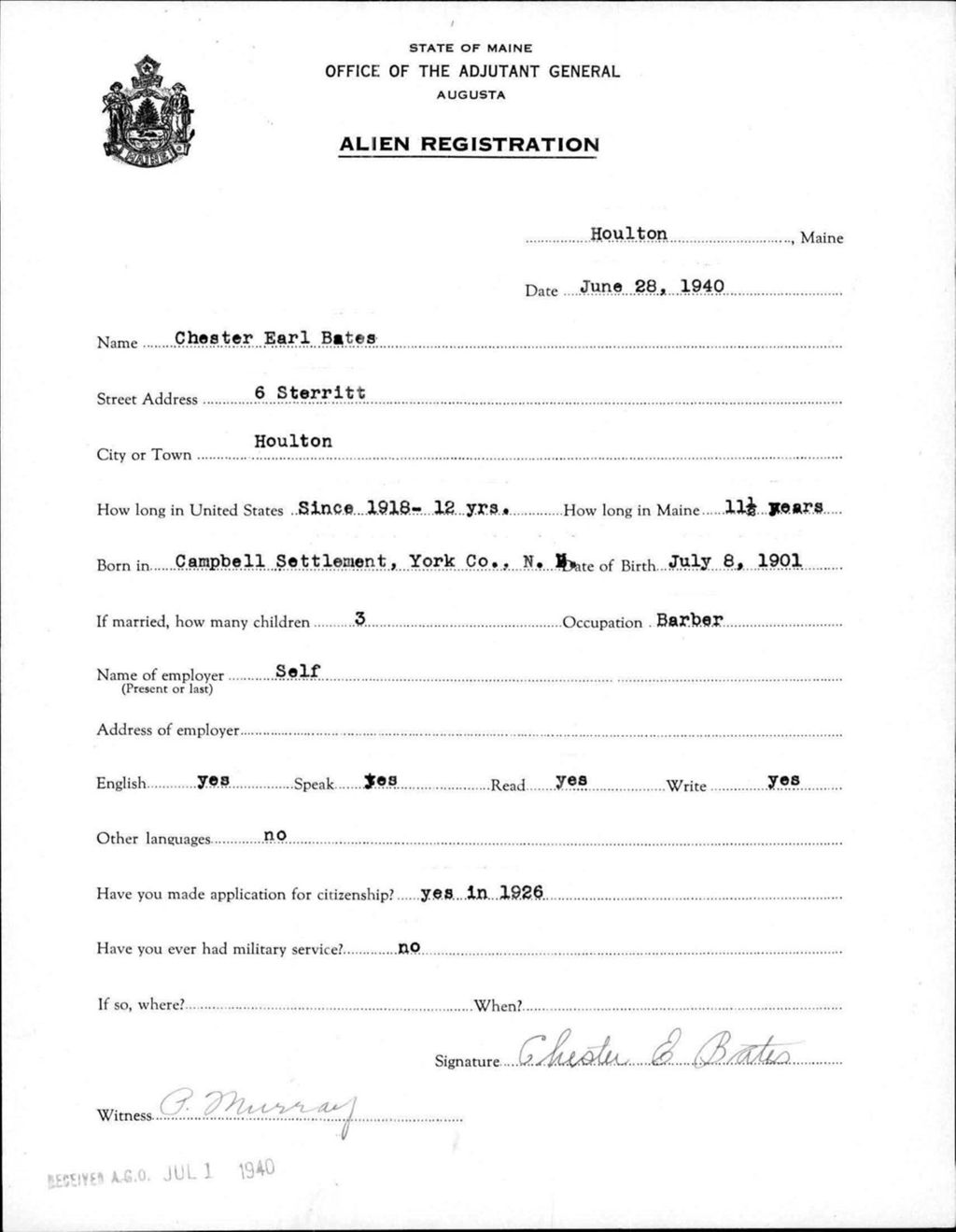 Miniature of Alien Registration- Bates, Chester E. (Houlton, Aroostook County)