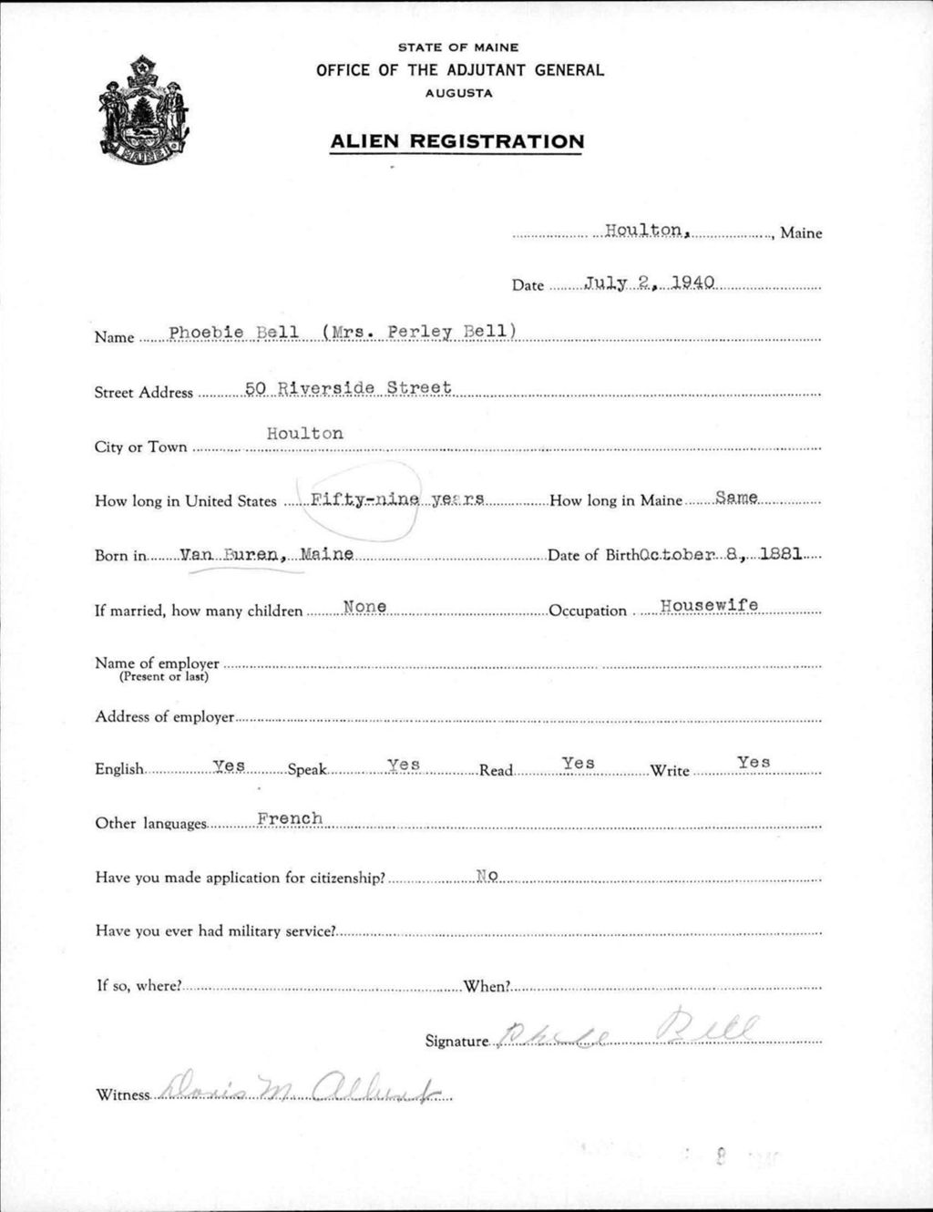 Miniature of Alien Registration- Bell, Phoebie (Houlton, Aroostook County)