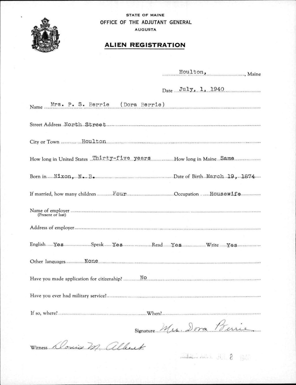 Miniature of Alien Registration- Berrie, Dora (Houlton, Aroostook County)
