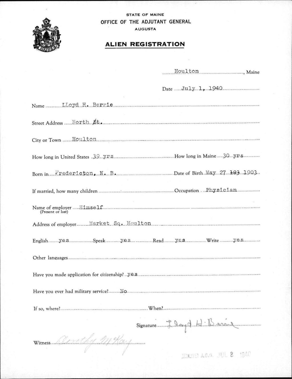 Miniature of Alien Registration- Berrie, Lloyd H. (Houlton, Aroostook County)