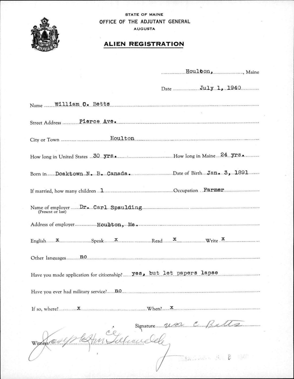 Miniature of Alien Registration- Betts, William C. (Houlton, Aroostook County)