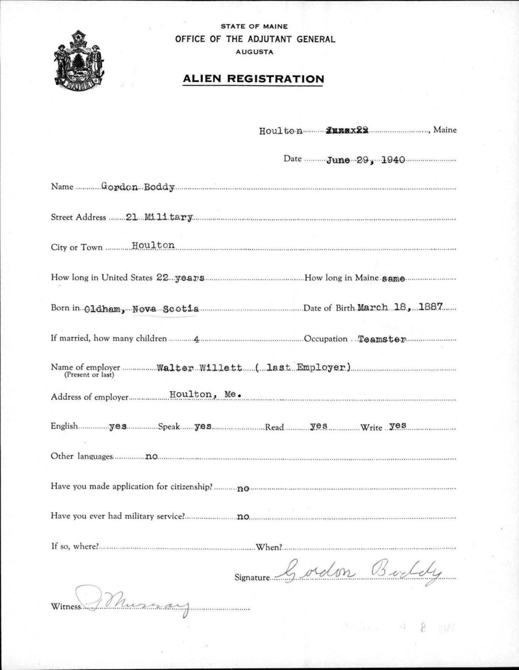 Miniature of Alien Registration- Boddy, Gordon (Houlton, Aroostook County)