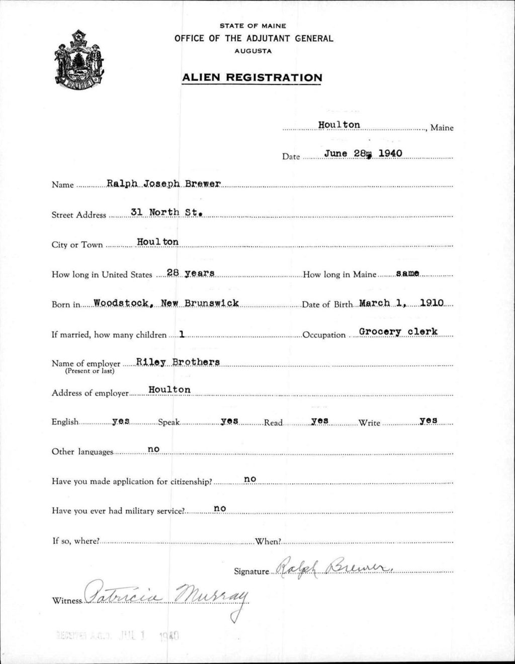 Miniature of Alien Registration- Brewer, Ralph J. (Houlton, Aroostook County)