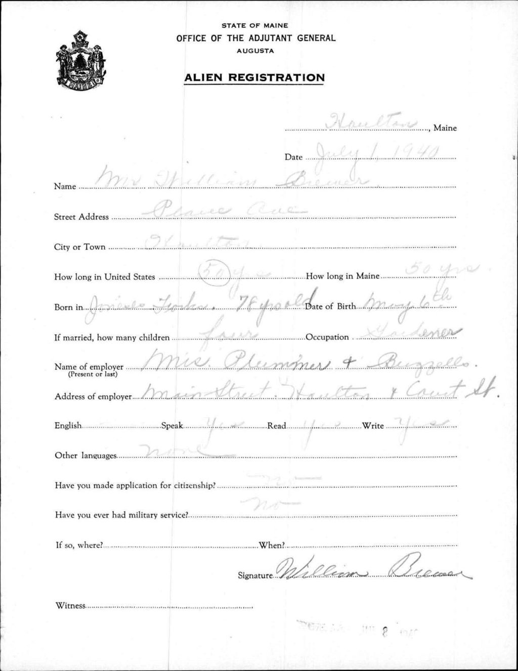 Miniature of Alien Registration- Brewer, William (Houlton, Aroostook County)