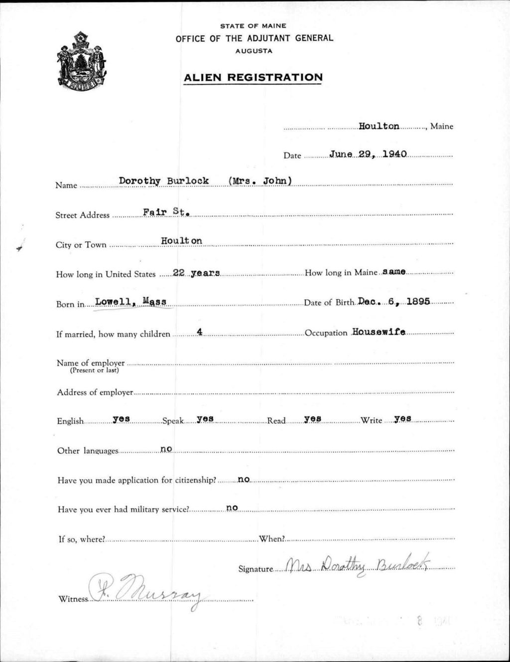 Miniature of Alien Registration- Burlock, Dorothy (Houlton, Aroostook County)