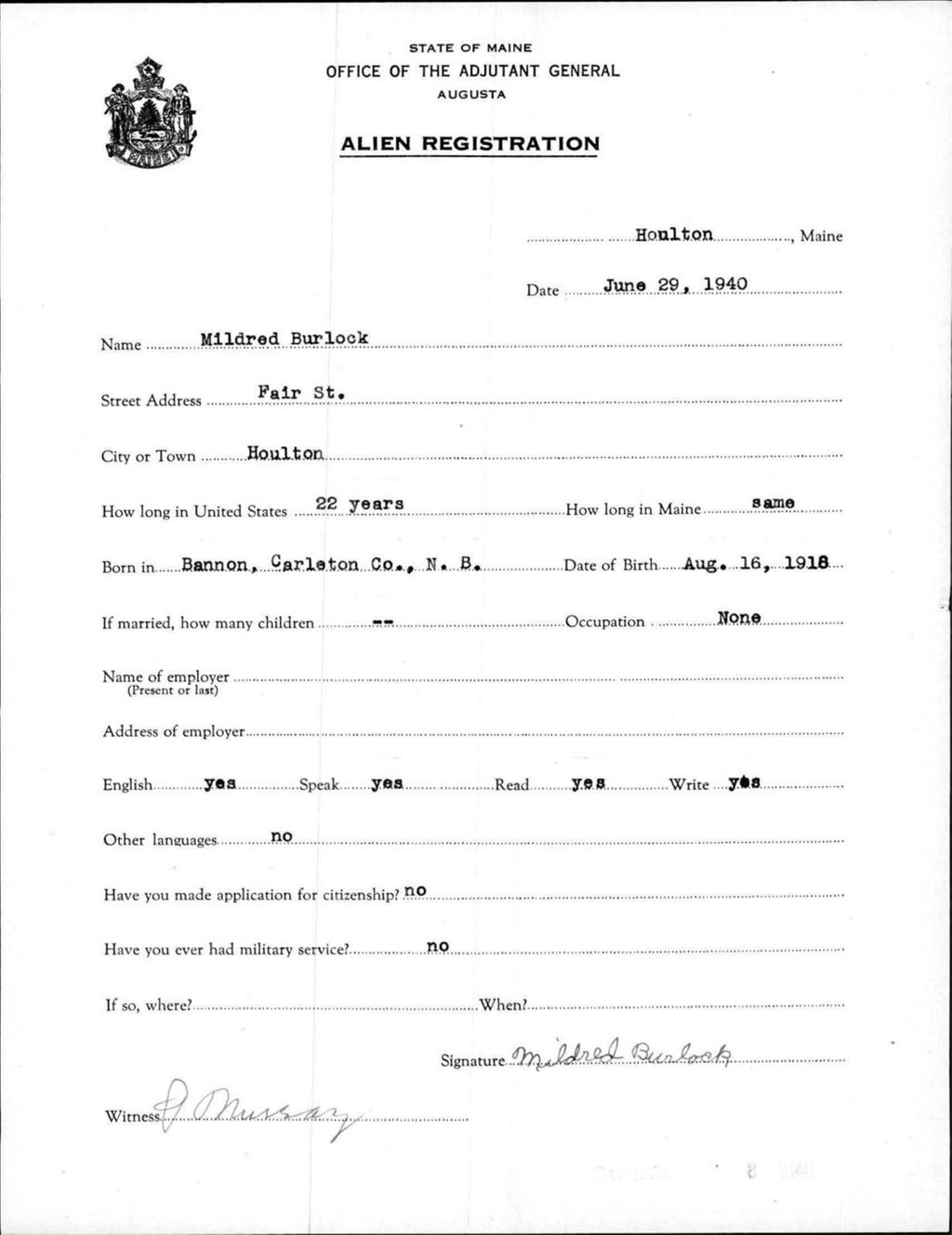 Miniature of Alien Registration- Burlock, Mildred (Houlton, Aroostook County)