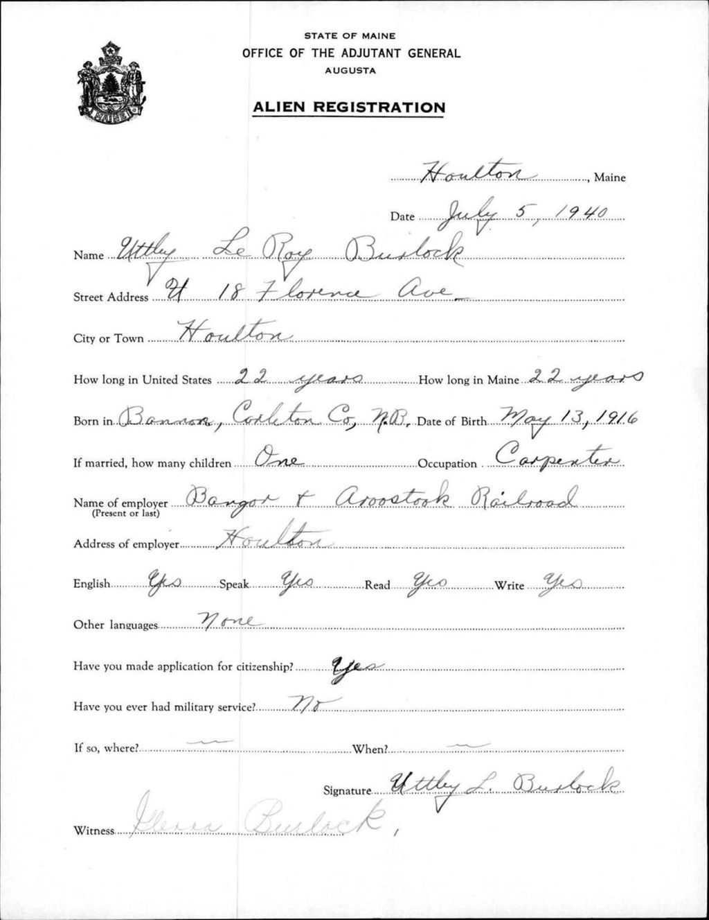 Miniature of Alien Registration- Burlock, Uttley L. (Houlton, Aroostook County)