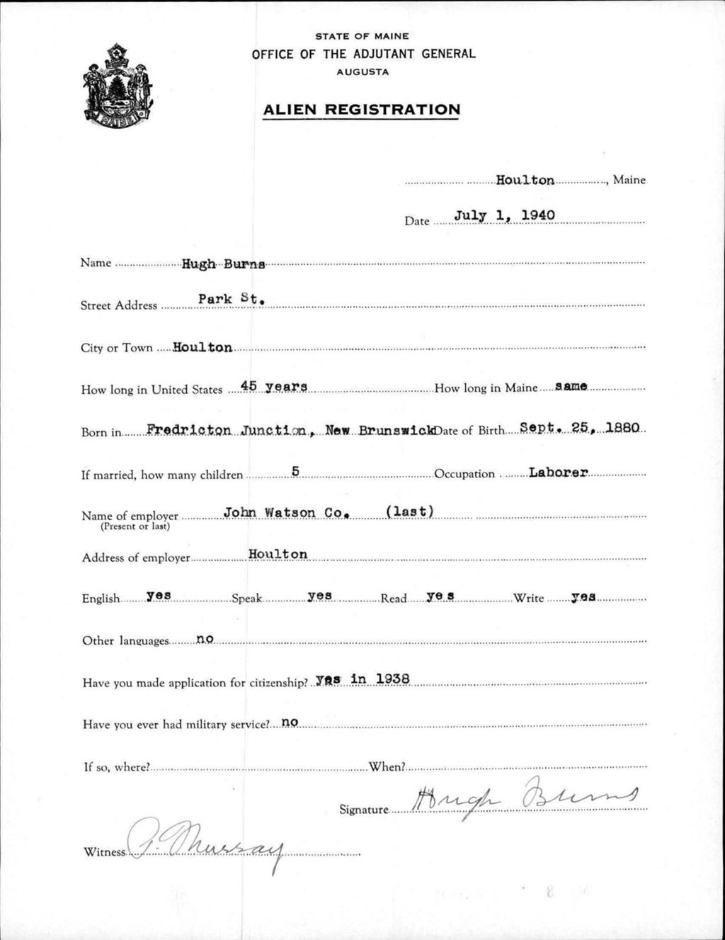 Miniature of Alien Registration- Burns, Hugh (Houlton, Aroostook County)