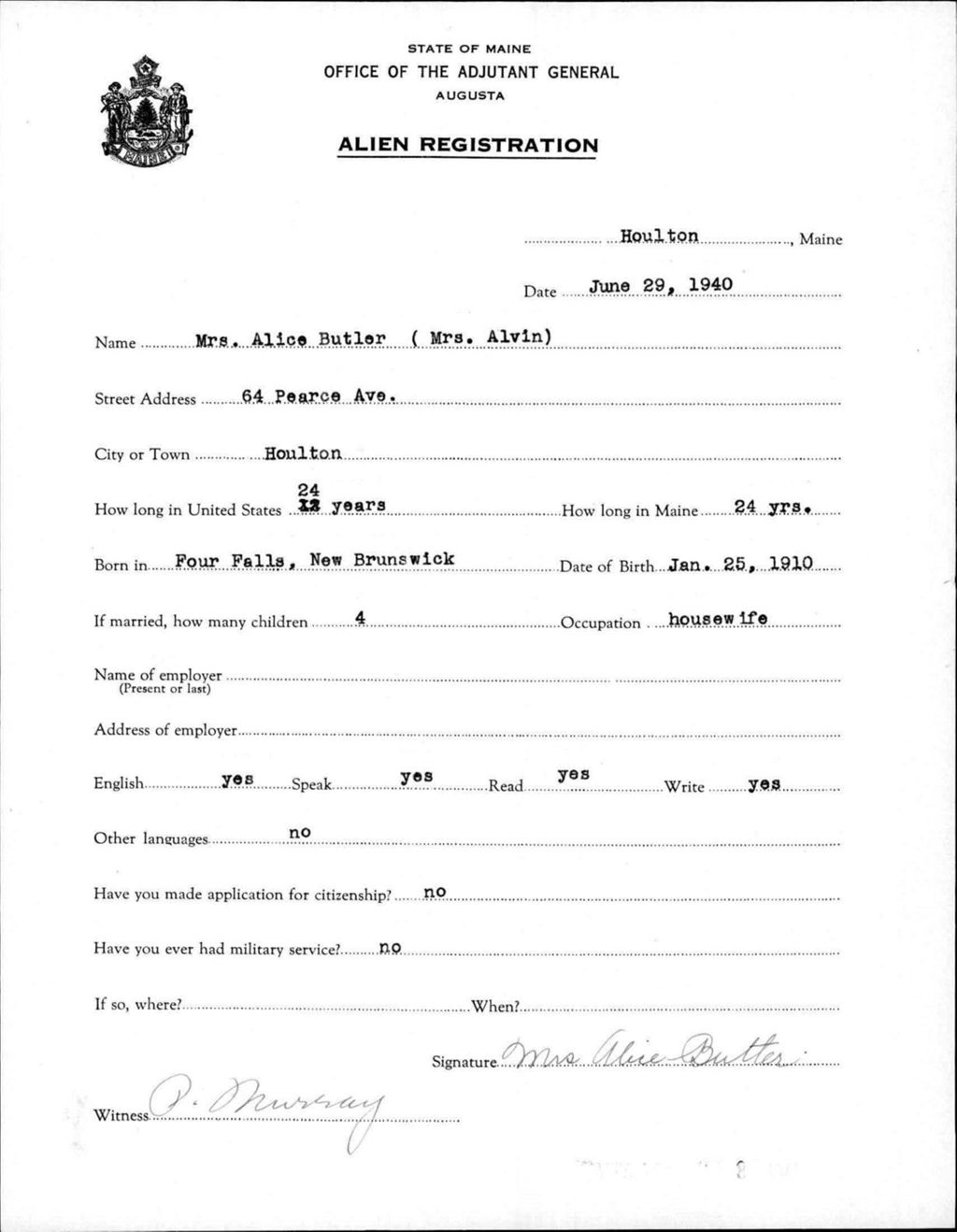 Miniature of Alien Registration- Butler, Alice (Houlton, Aroostook County)