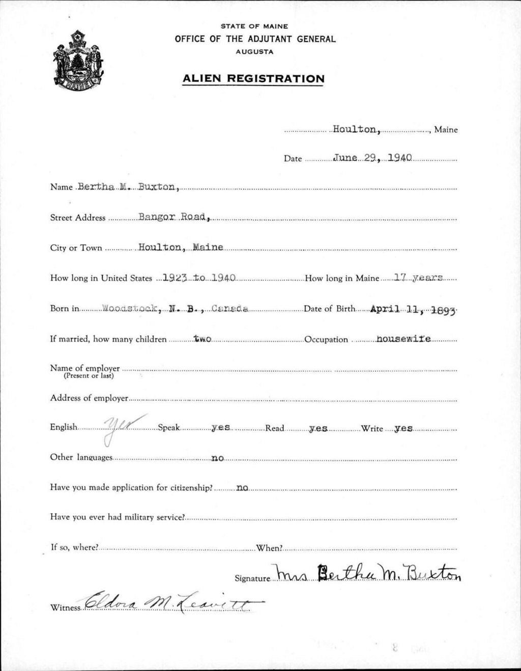 Miniature of Alien Registration- Buxton, Bertha M. (Houlton, Aroostook County)