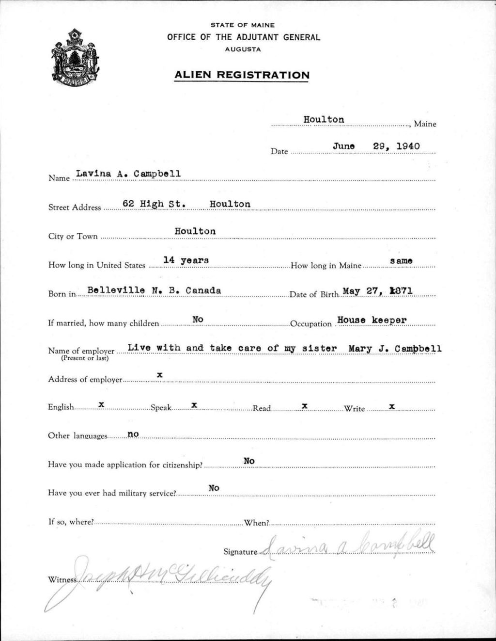 Miniature of Alien Registration- Campbell, Lavina A. (Houlton, Aroostook County)