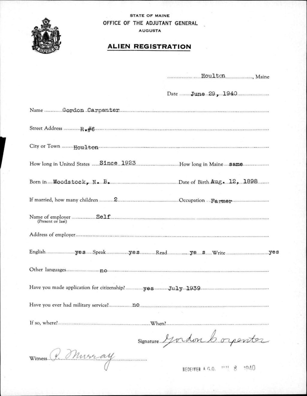 Miniature of Alien Registration- Carpenter, Gordon (Houlton, Aroostook County)