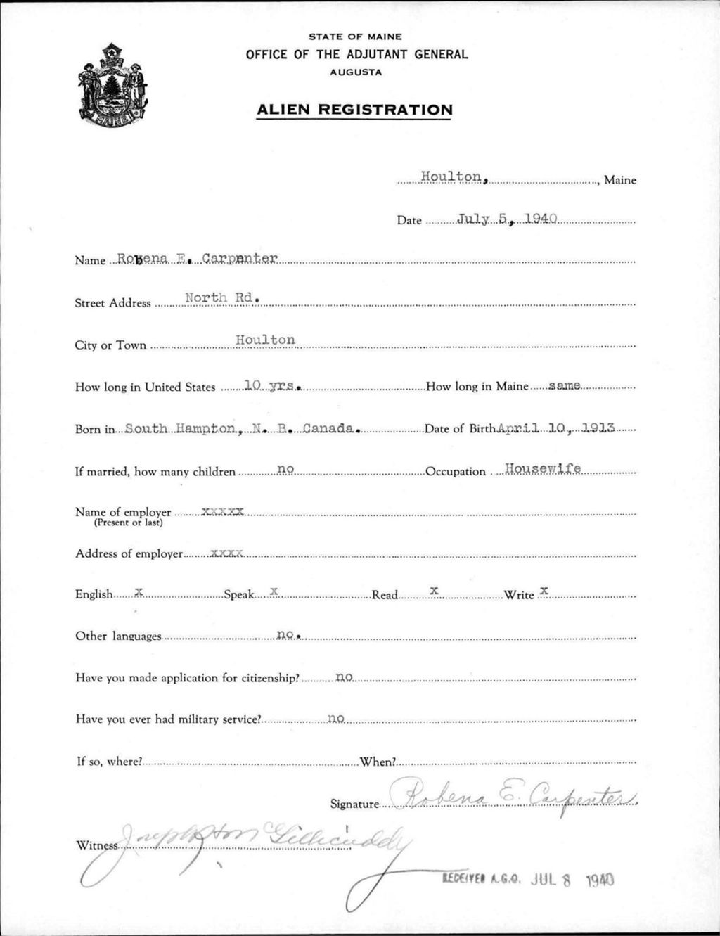 Miniature of Alien Registration- Carpenter, Roxana E. (Houlton, Aroostook County)