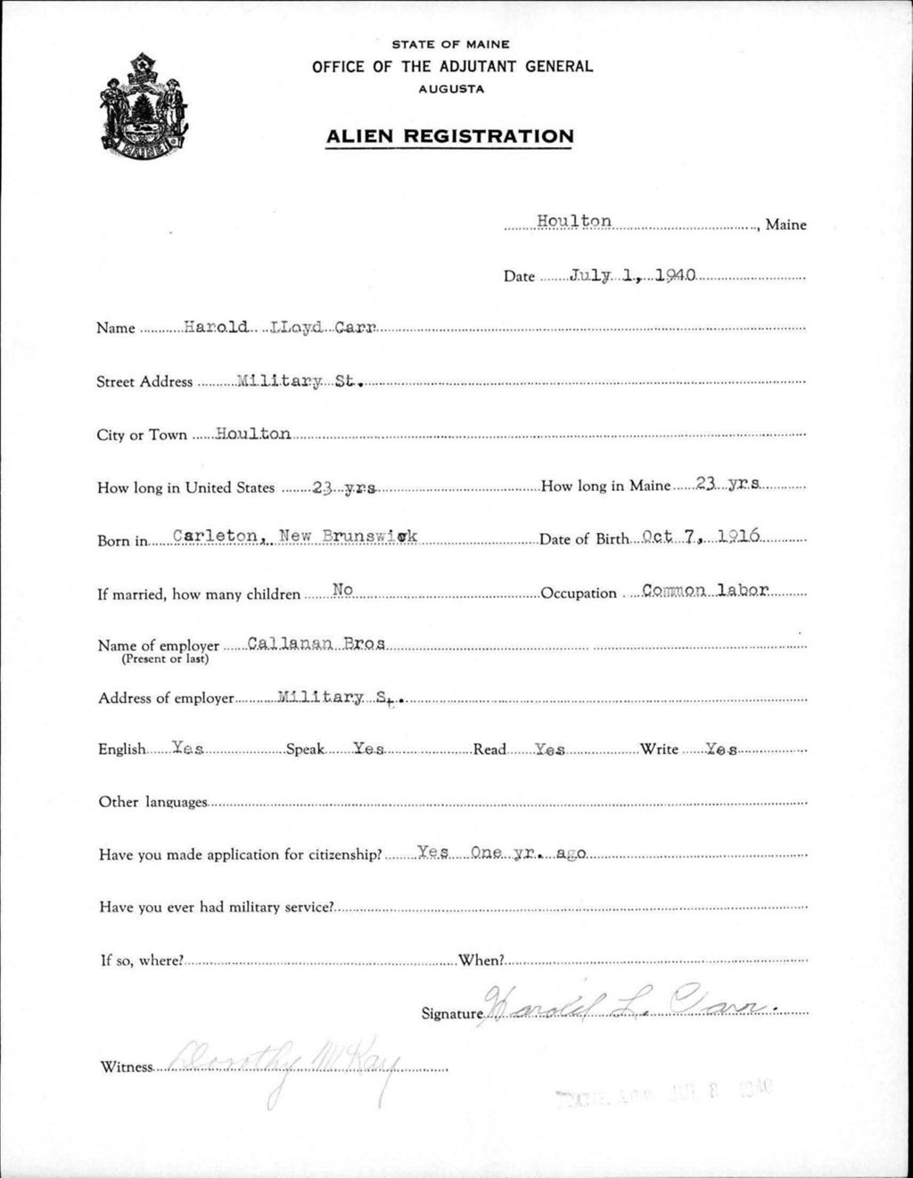 Miniature of Alien Registration- Carr, Harold L. (Houlton, Aroostook County)