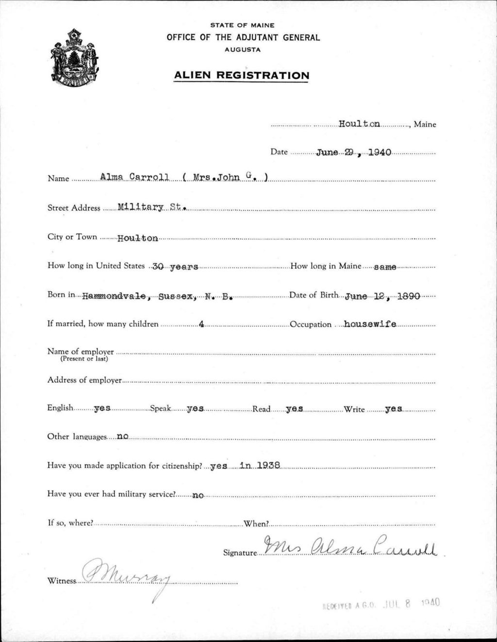 Miniature of Alien Registration- Carroll, Alma (Houlton, Aroostook County)