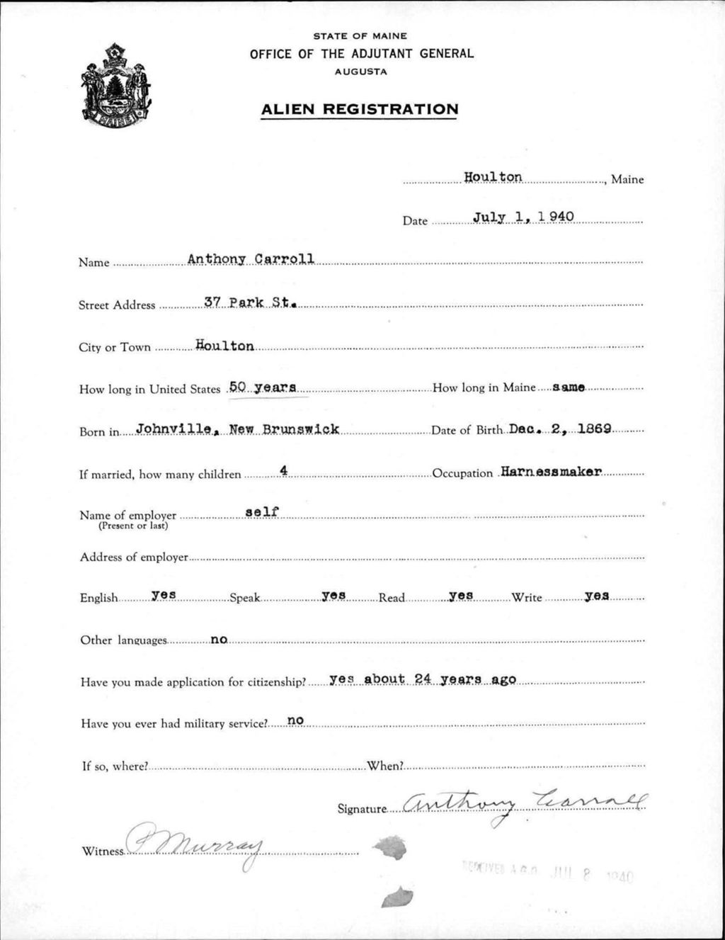 Miniature of Alien Registration- Carroll, Anthony (Houlton, Aroostook County)