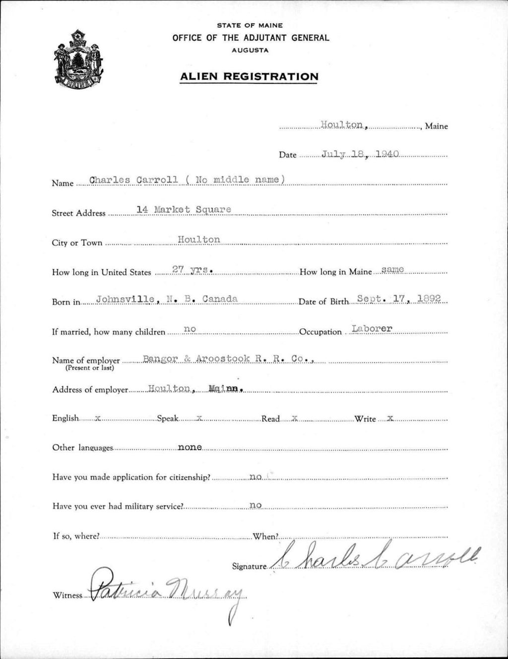 Miniature of Alien Registration- Carroll, Charles (Houlton, Aroostook County)